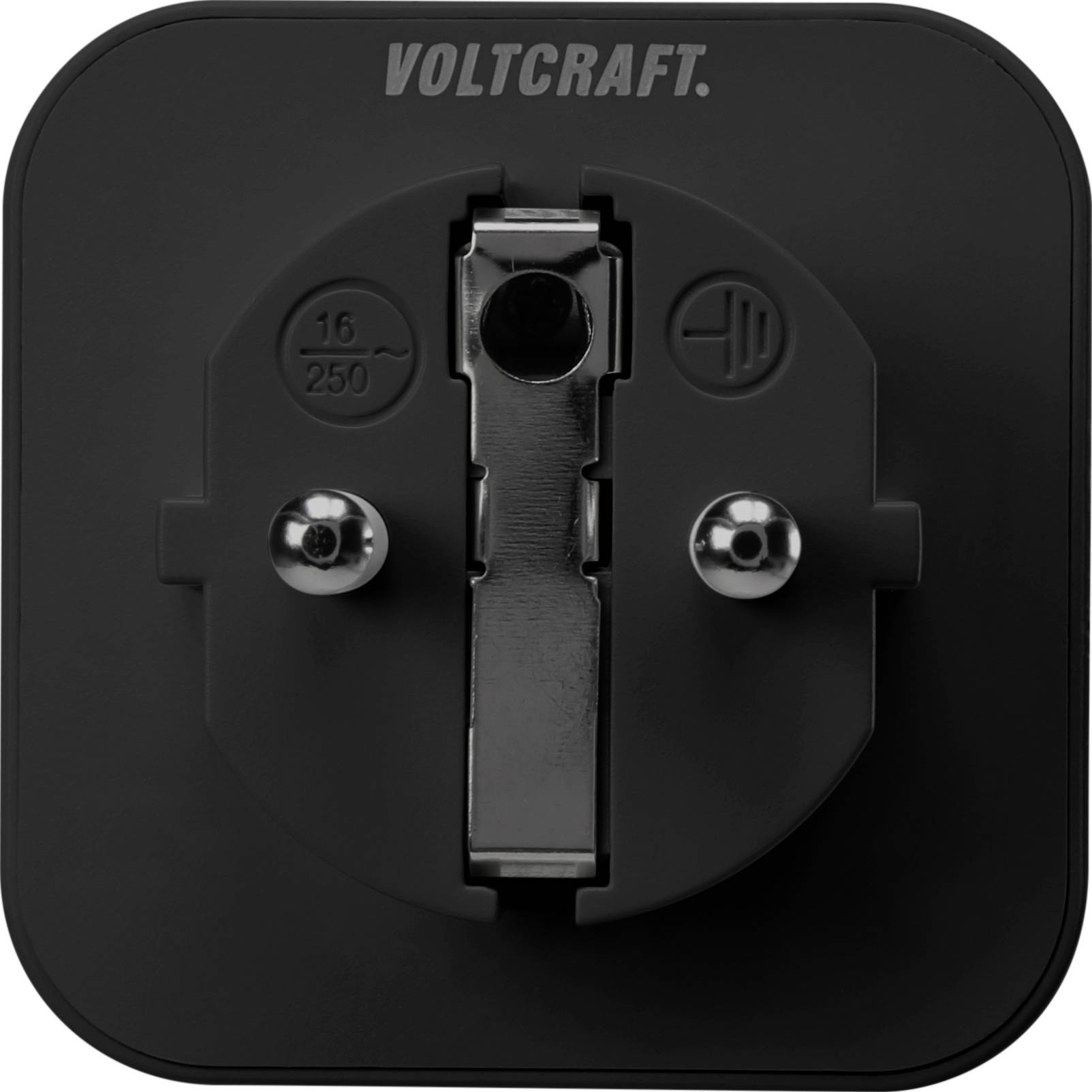 Black Voltcraft adaptor plug, suitable for a voltage of 250 V and 16 A, with two metal contacts.
