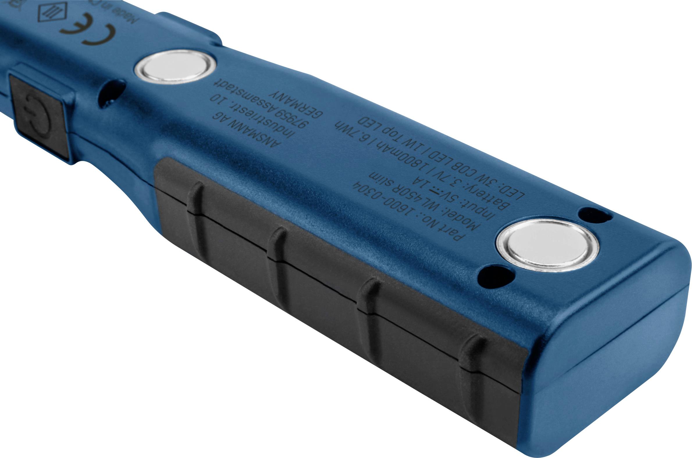 Electronic measuring device in blue with two buttons and CE marking. It displays technical specifications on the surface.