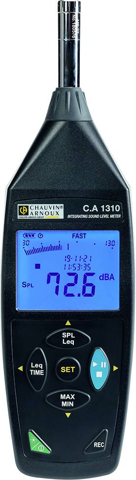 Sound level meter with digital display showing 72.6 dBA. A microphone is mounted on top. Screen displays 'FAST' and 'SPL' mode.