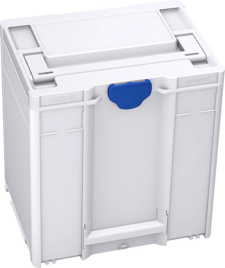 A white, square plastic container with a blue handle on top, suitable for storing and transporting items.