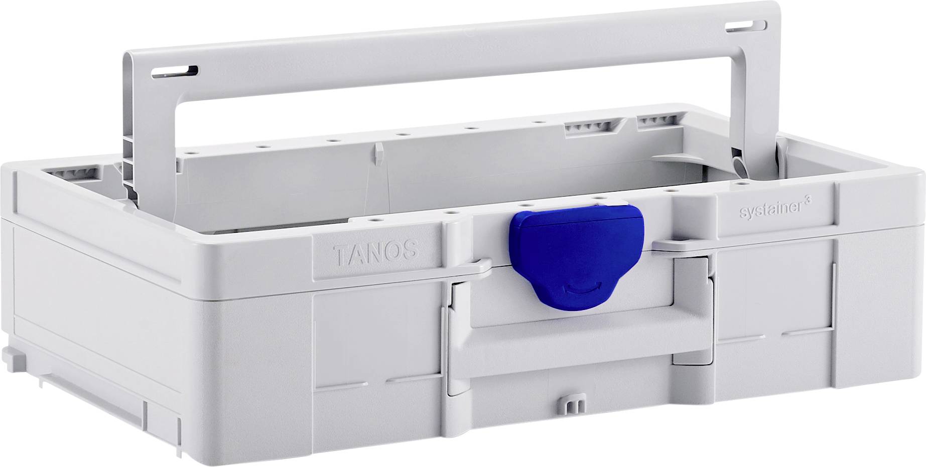 Grey toolbox with blue fastening, open and empty, with carrying handle.