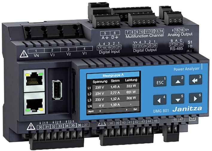 A power analyser device with a digital display, showing voltage, current, and power. Brand name and model are visible.
