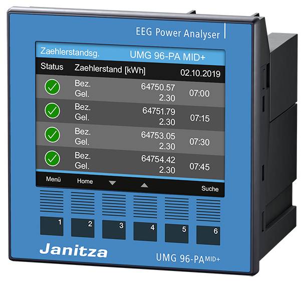 Electronic electricity meter with status display. Shows meter readings in kWh, date 02/10/2019, and times next to green ticks.
