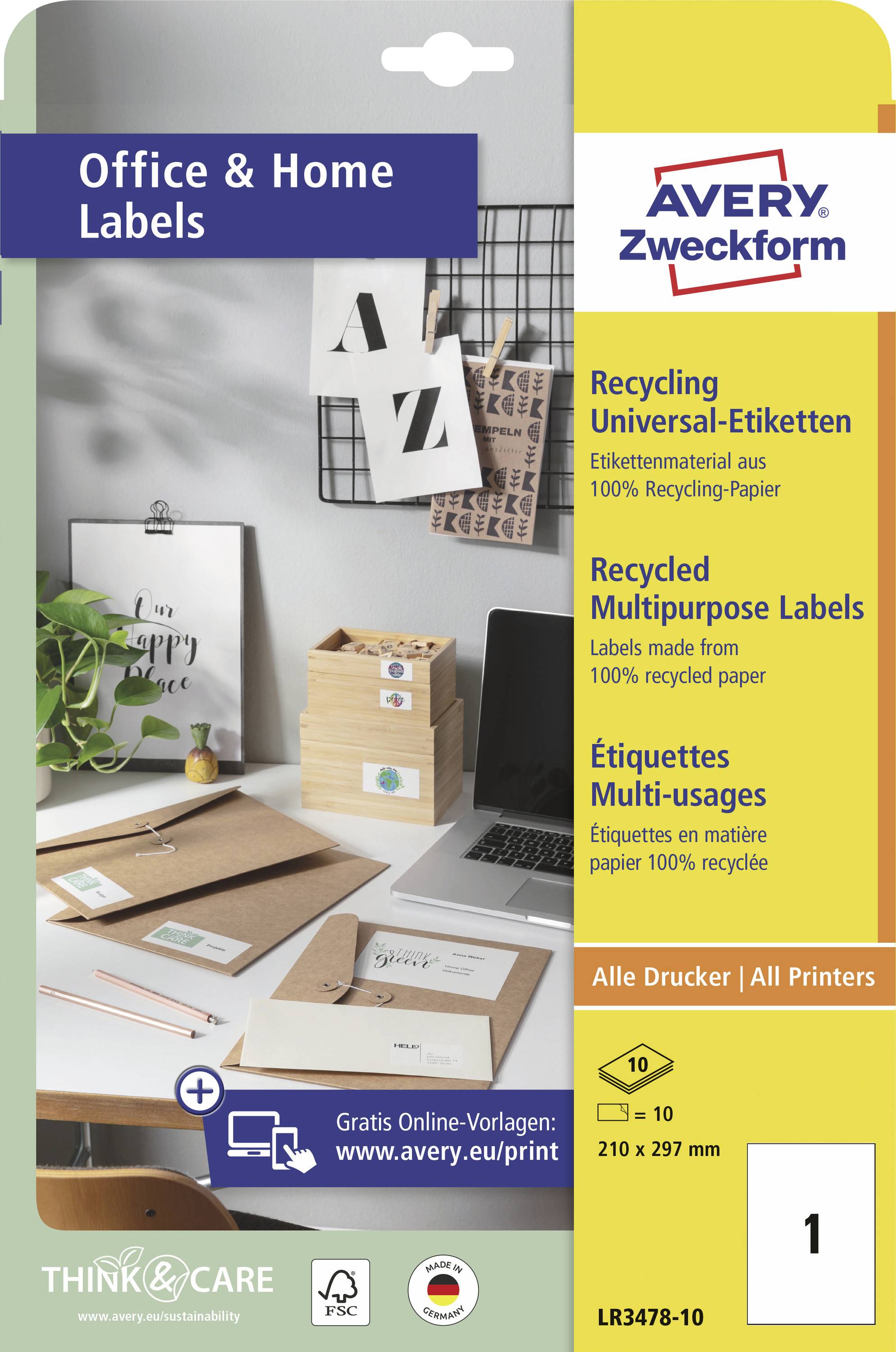 Avery Zweckform office and home labels pack showing recycled multi-purpose labels for all printers, with label sizes and 10-sheet count.