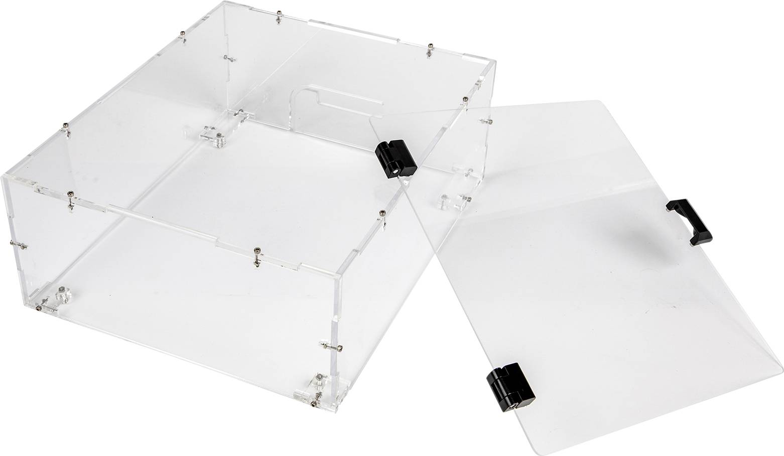 Transparent plastic container with an open lid, secured with black clips, suitable for storage or display.