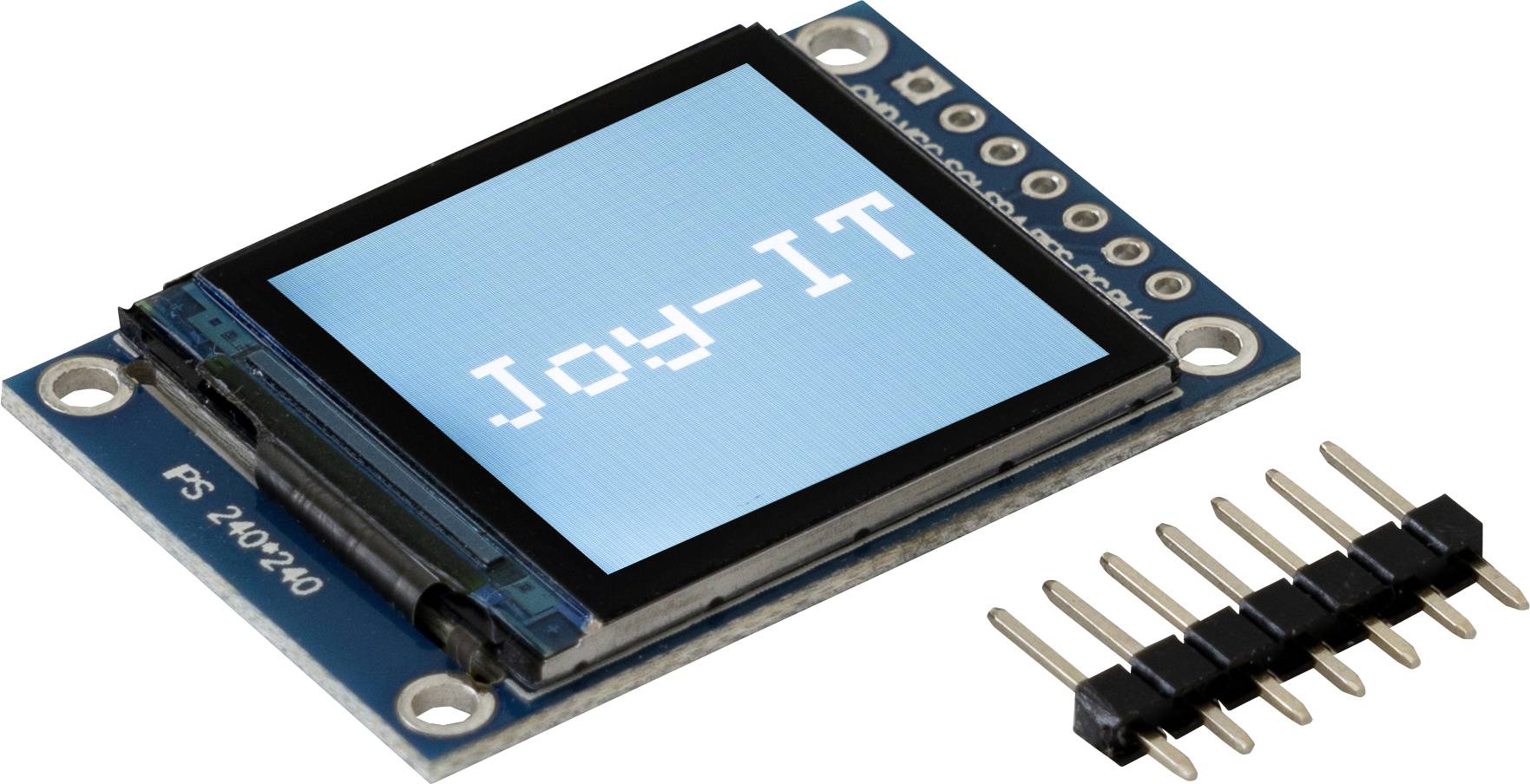A blue OLED display module shows the text 'Joy-IT'. Beside it lies an eight-pin connector.