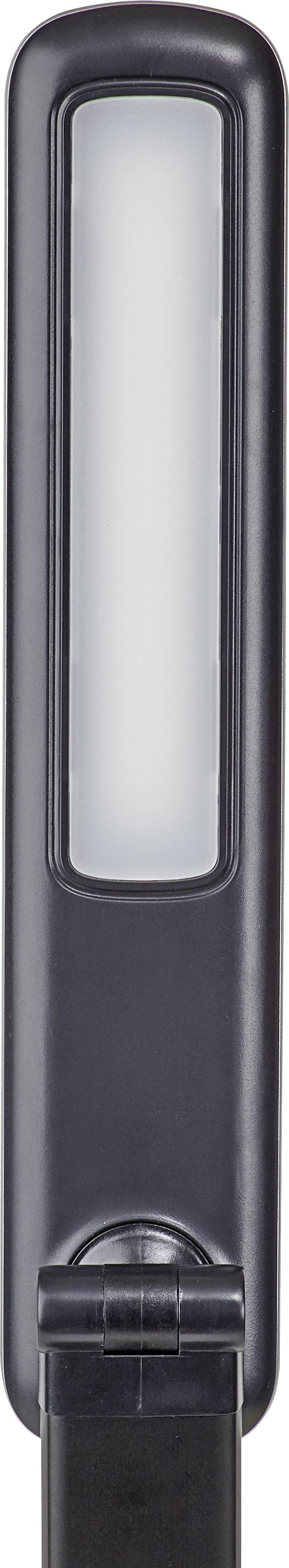 Slim, rectangular black desk lamp with a white LED light strip in the centre. Modern design, suitable for office desks.