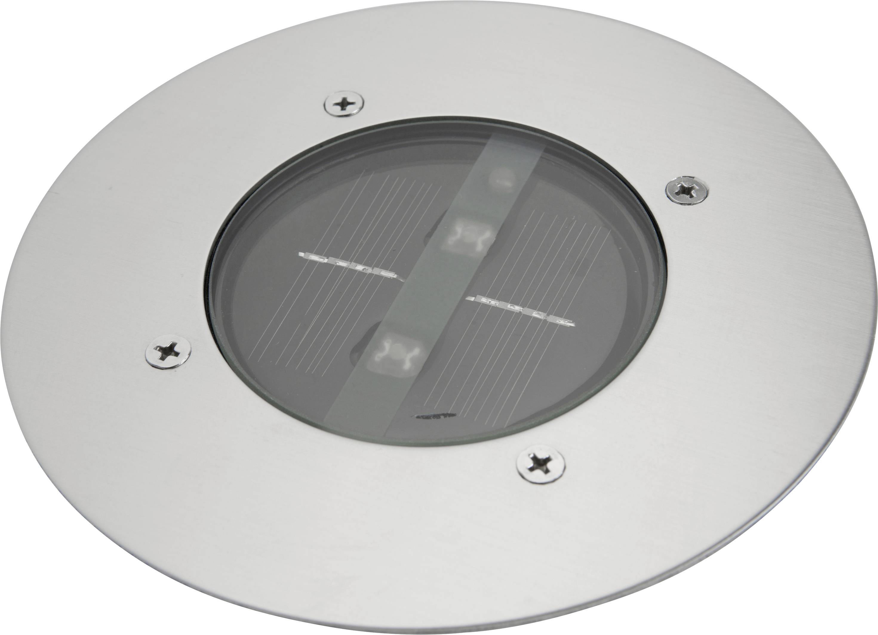 A round, silver recessed outdoor light with three visible LED lights behind glass, suitable for ground mounting.