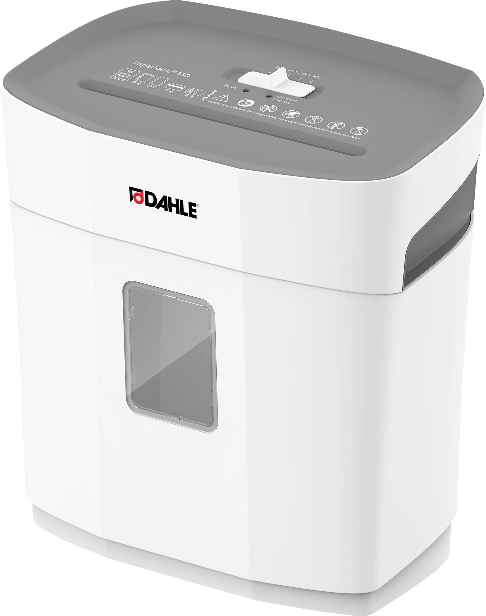 A white paper shredder with a grey lid and viewing window. The Dahle logo is on the front, with control buttons located on the top.