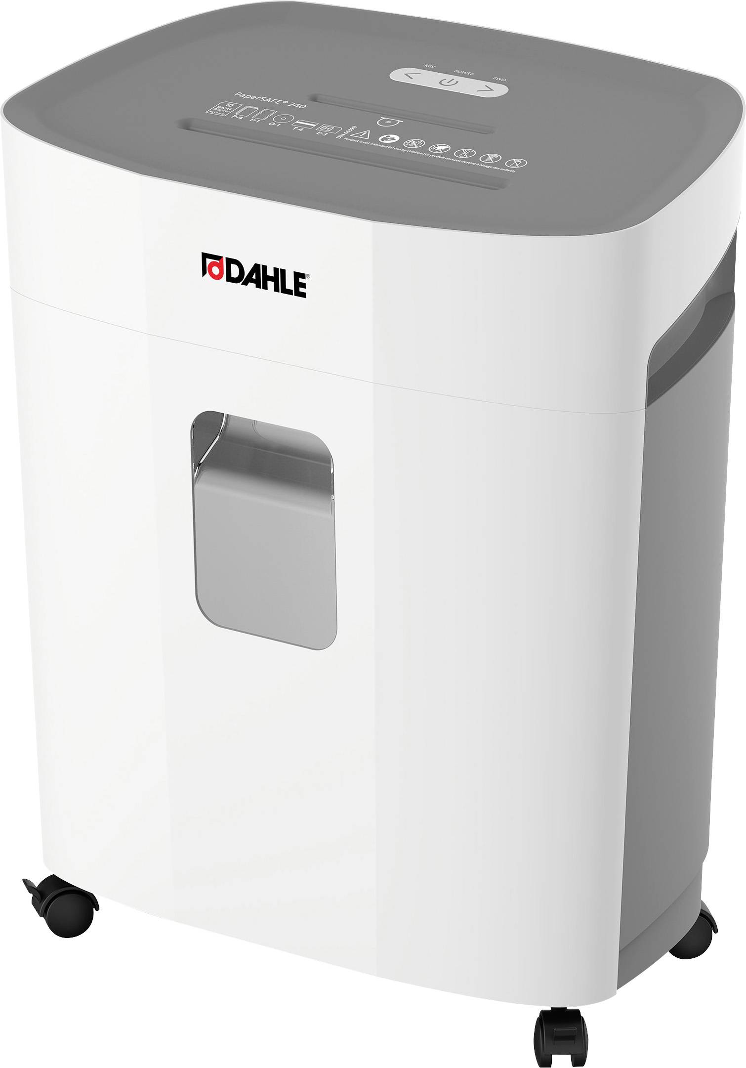 Paper shredder with a transparent window, mounted on castors, with a compact grey top surface. Brand logo on the front.