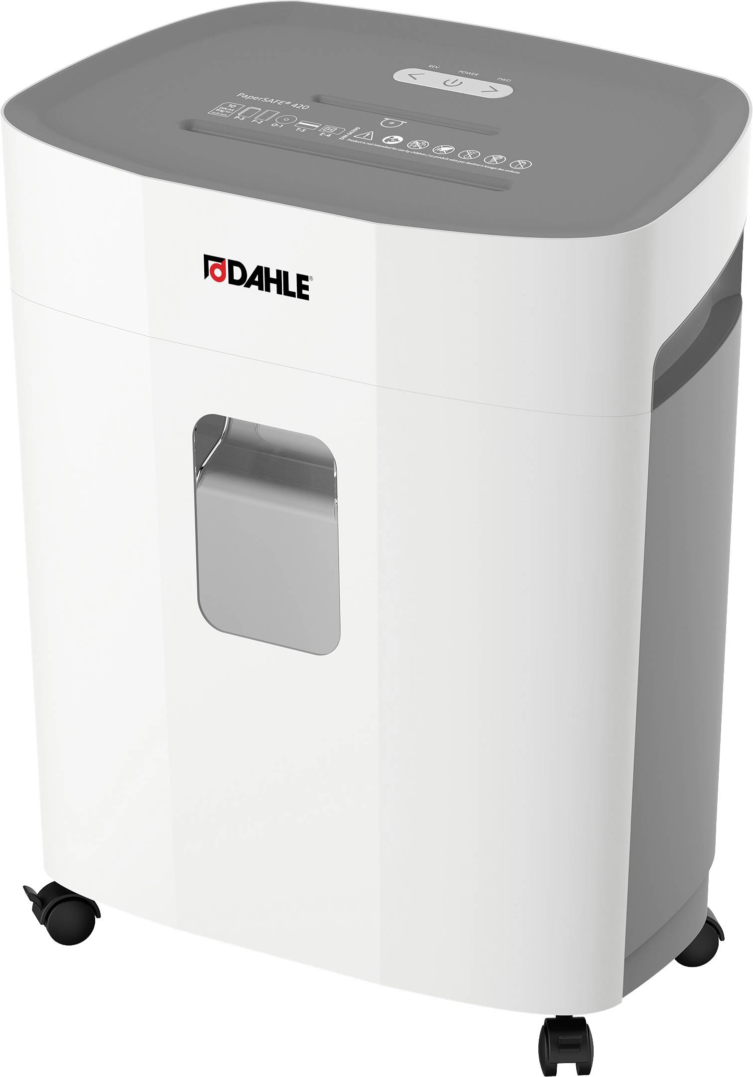 White paper shredder with viewing window, brand logo, and controls on top; mounted on castors.