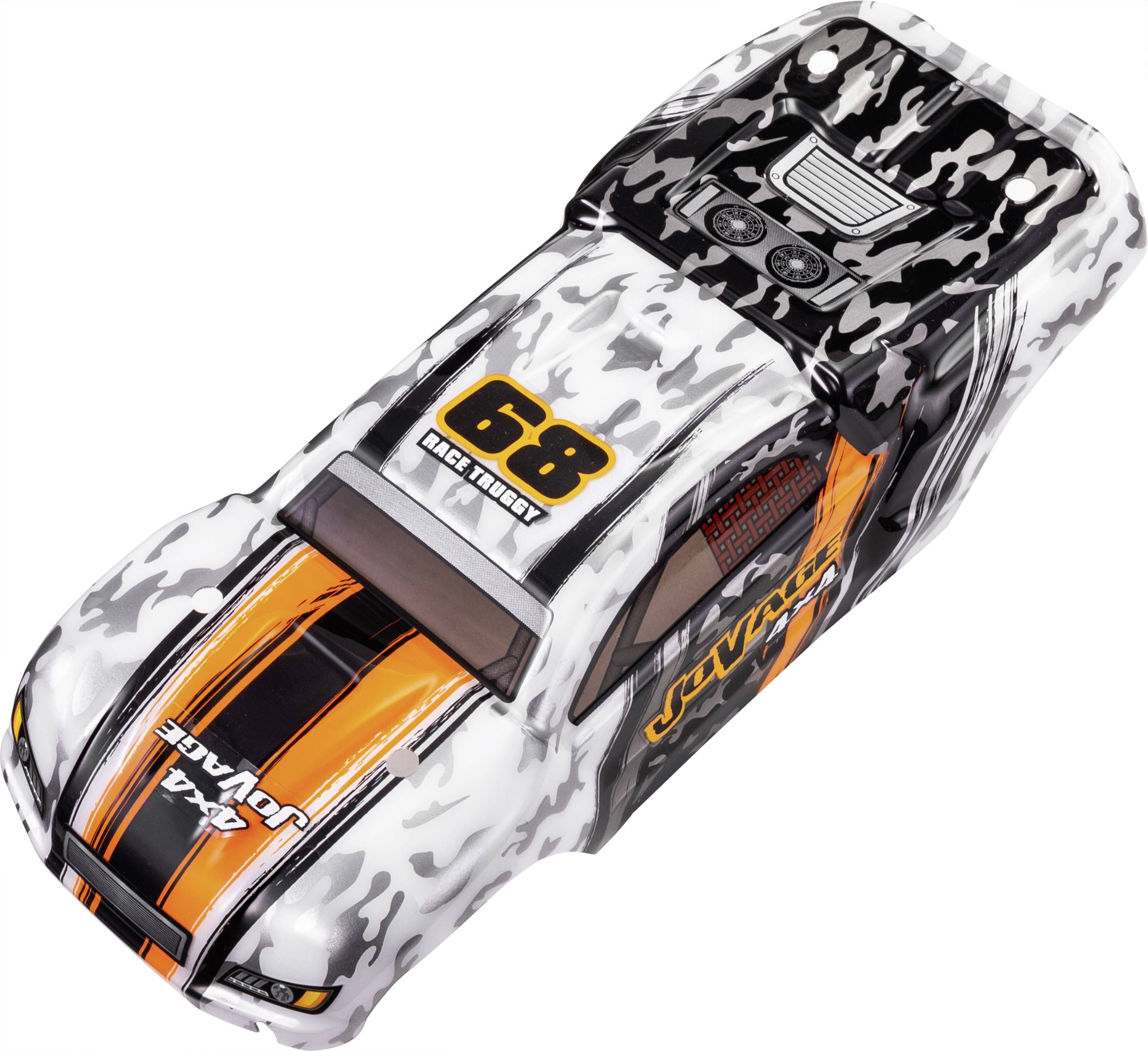 Toy racing car in camouflage design with orange and black stripes and the number '68' on the bonnet.