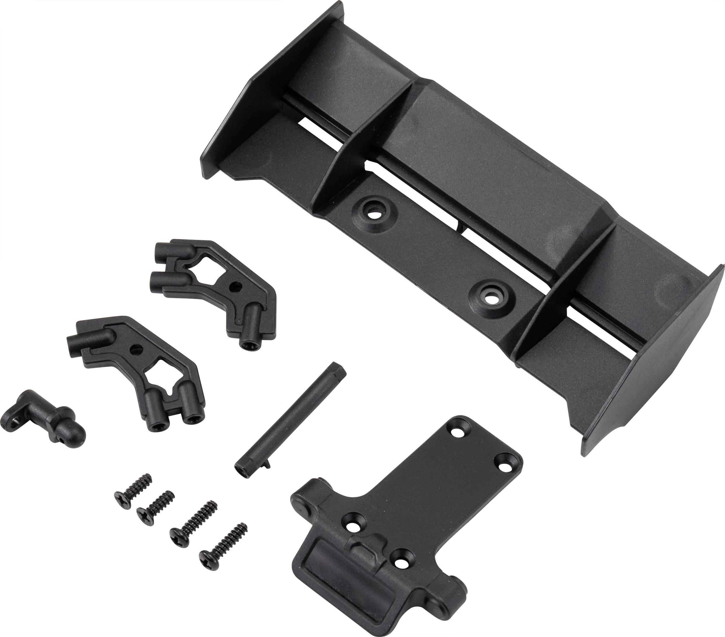 A bicycle rack mounting kit in individual parts, including brackets, screws and mounting elements on a white background.