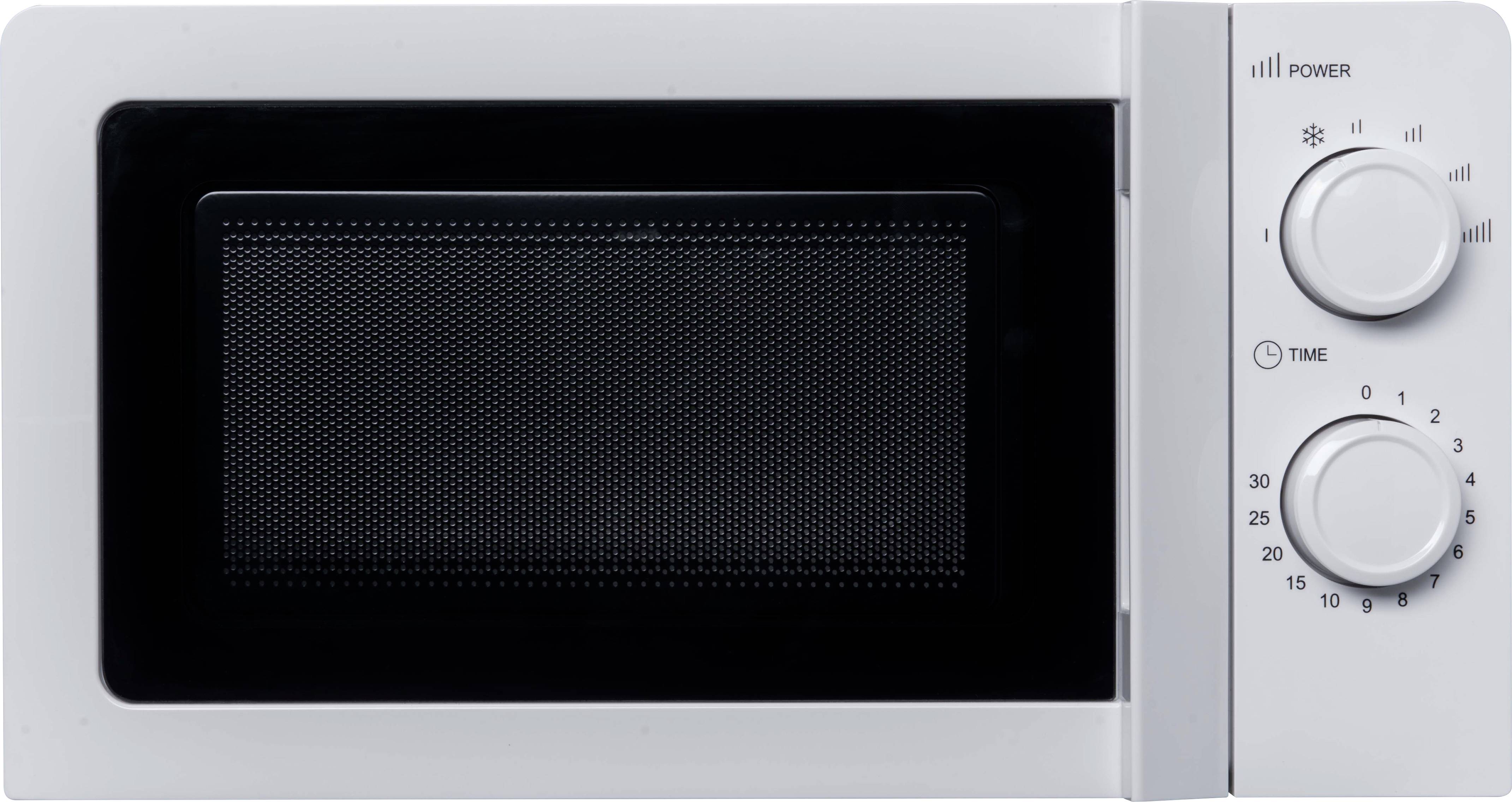 White microwave with two rotary knobs: one for power setting, the other for time. Front has a viewing window.