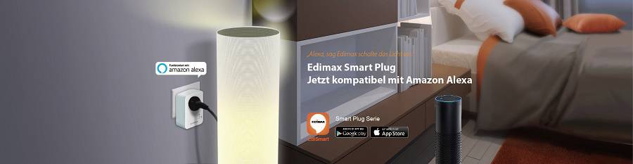 Edimax Smart Plug in socket, illuminated lamp beside it. Text: 'Now compatible with Amazon Alexa'. Bedroom in the background.
