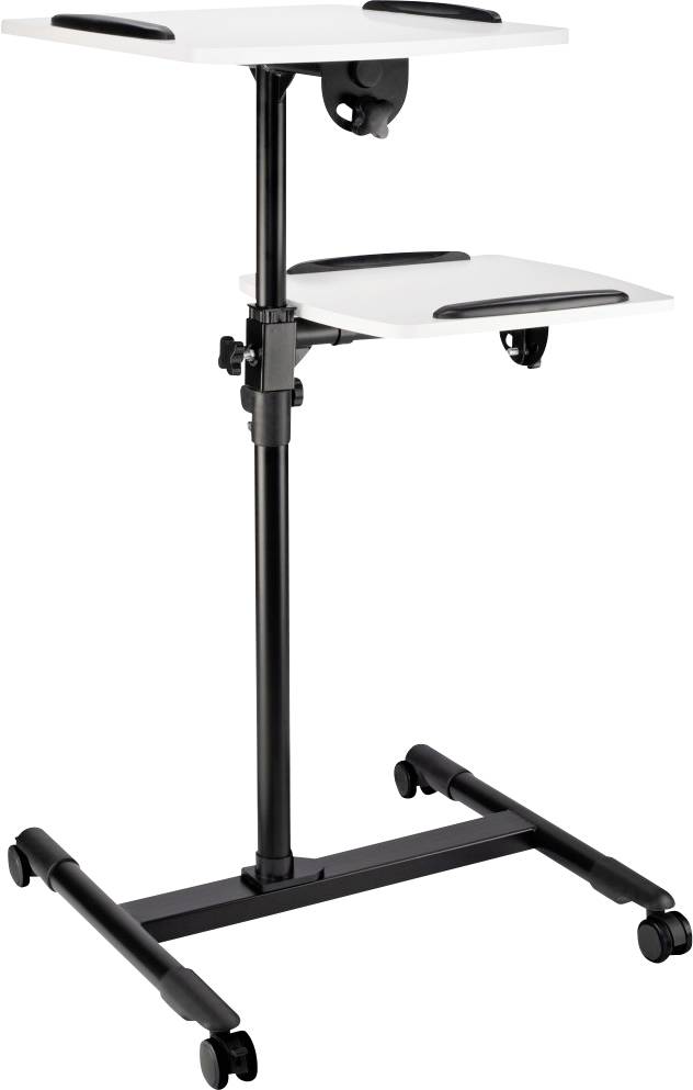 Mobile standing desk with two white work surfaces, height-adjustable, on black castors for easy manoeuvrability.