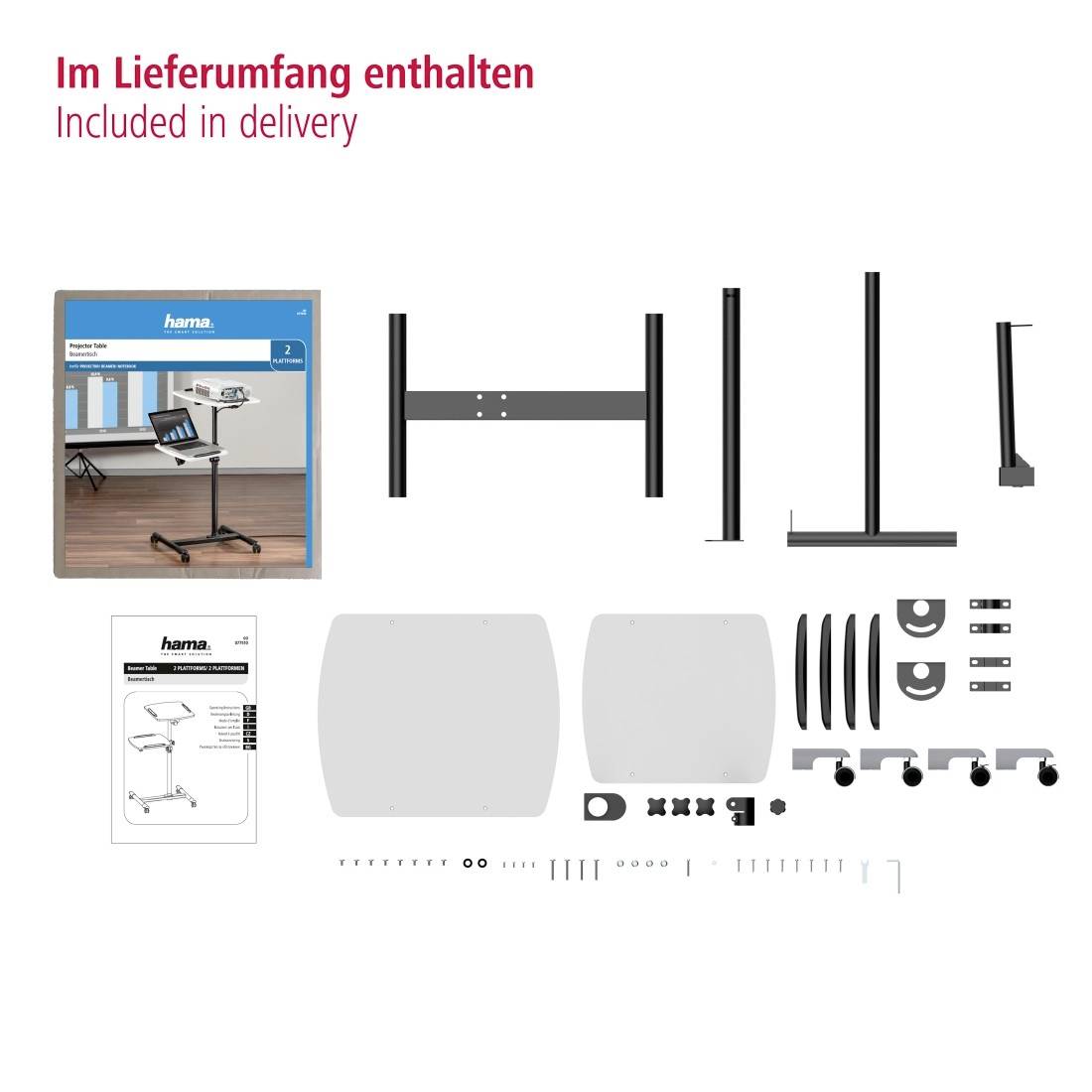 'Included in delivery' shows the components of an adjustable-height desk, including frame, panels, screws and instructions.