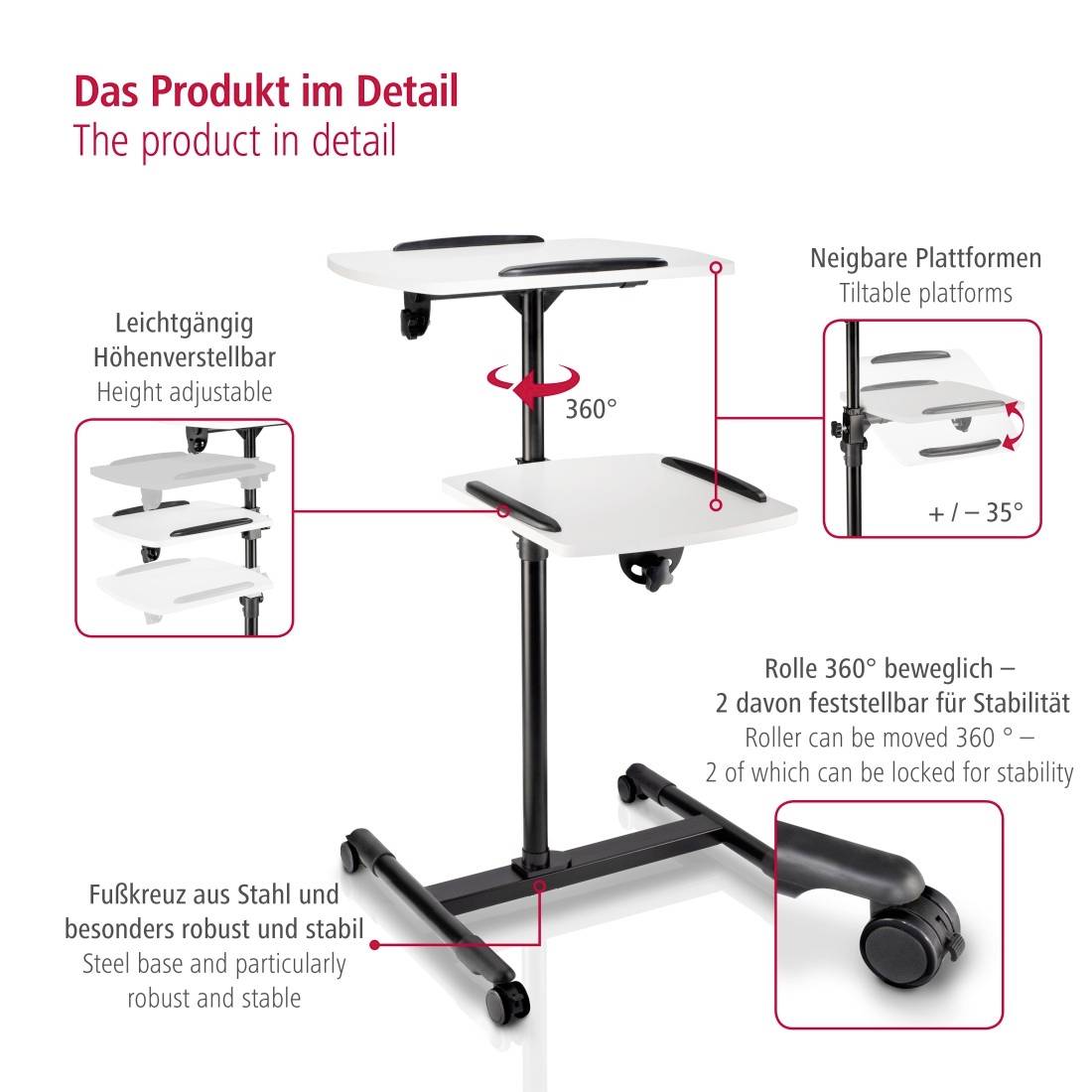 'The Product in Detail': A rollable table with tilting, height-adjustable platforms and sturdy castors, perfect for versatile use.
