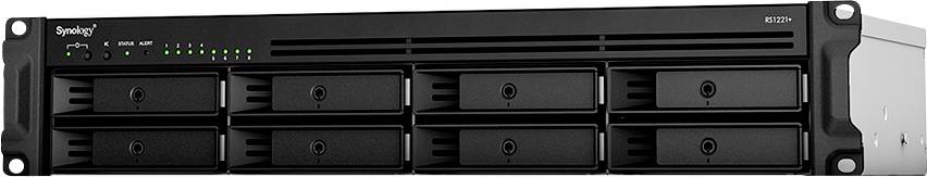 A black network storage device with eight drive bays and LED indicators on the left side.