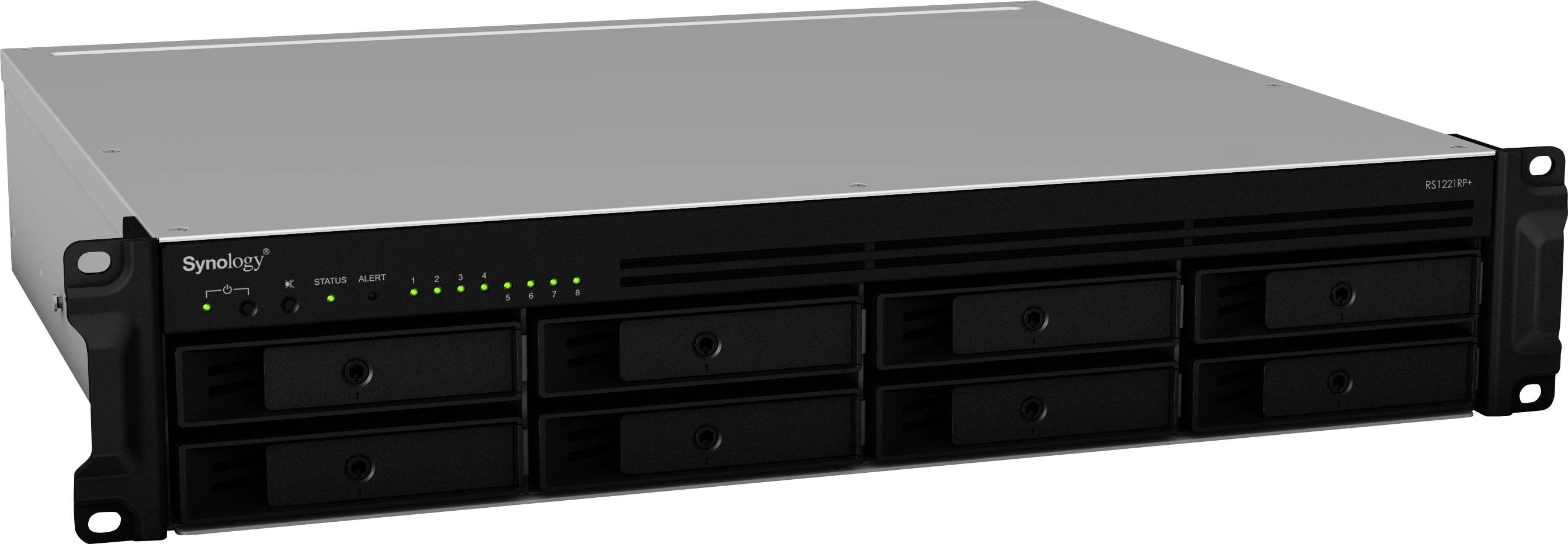 Silver NAS enclosure with the 'Synology' logo, illuminated LED indicators, and eight hard drive bays at the front, rack-mountable.