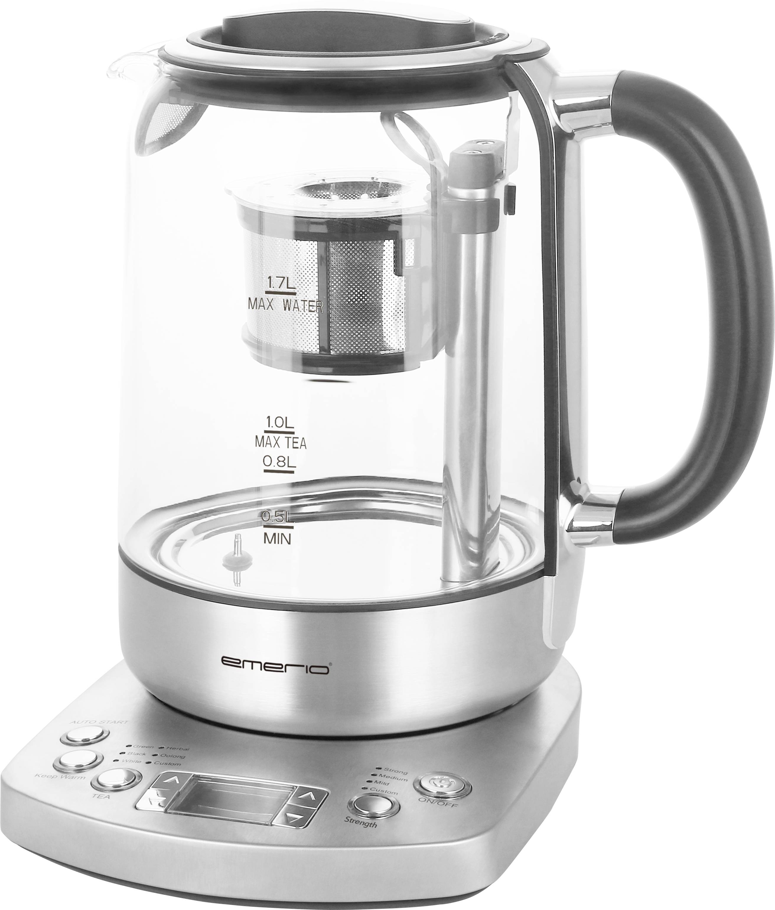 Electric glass and stainless steel kettle with digital display and buttons on the base; shows water and tea volume scale.