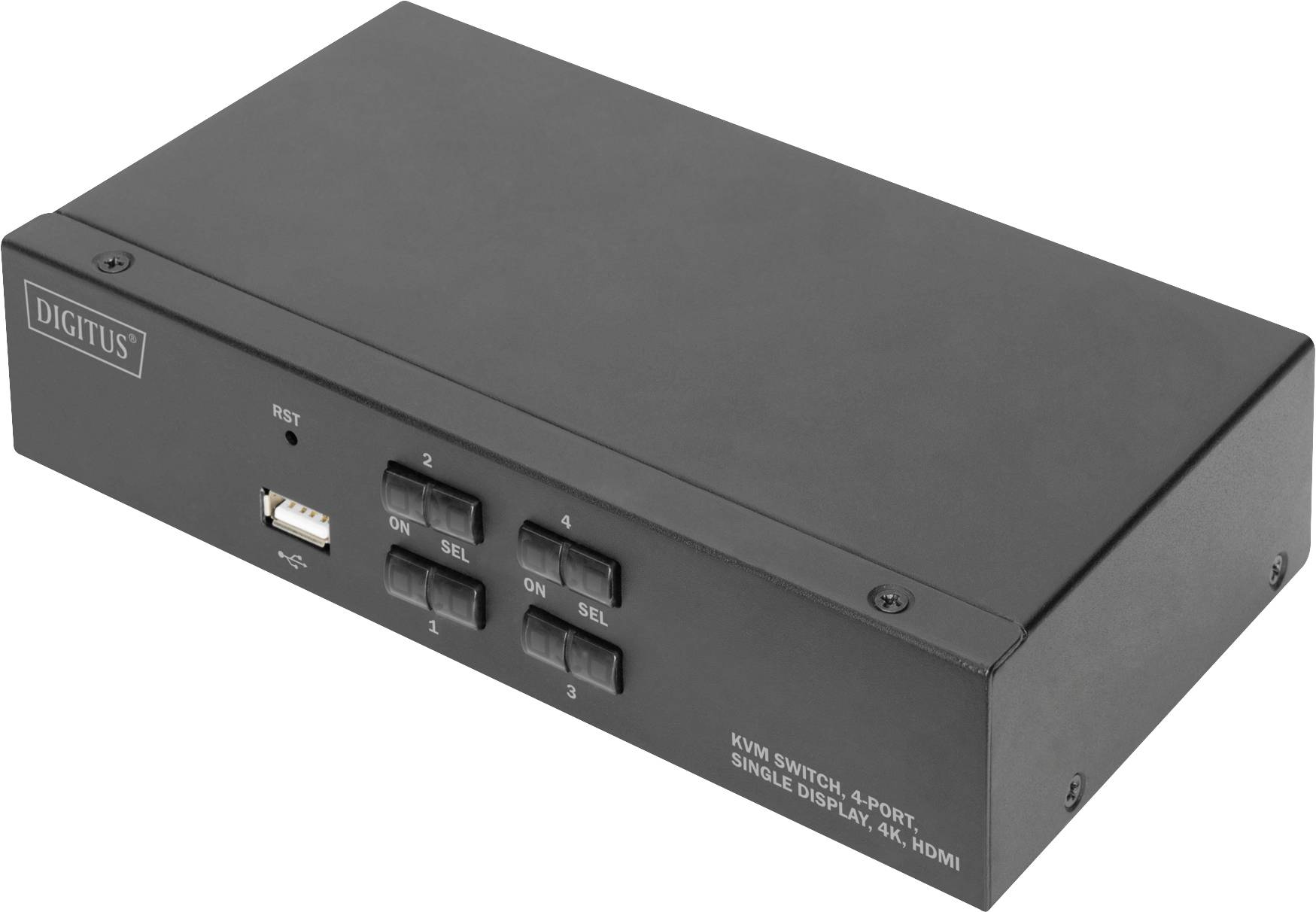 A black KVM switch with four buttons for selecting computers. Labelled 'Digitus' and 'KVM Switch, 4-Port, Single Display, 4K, HDMI'.