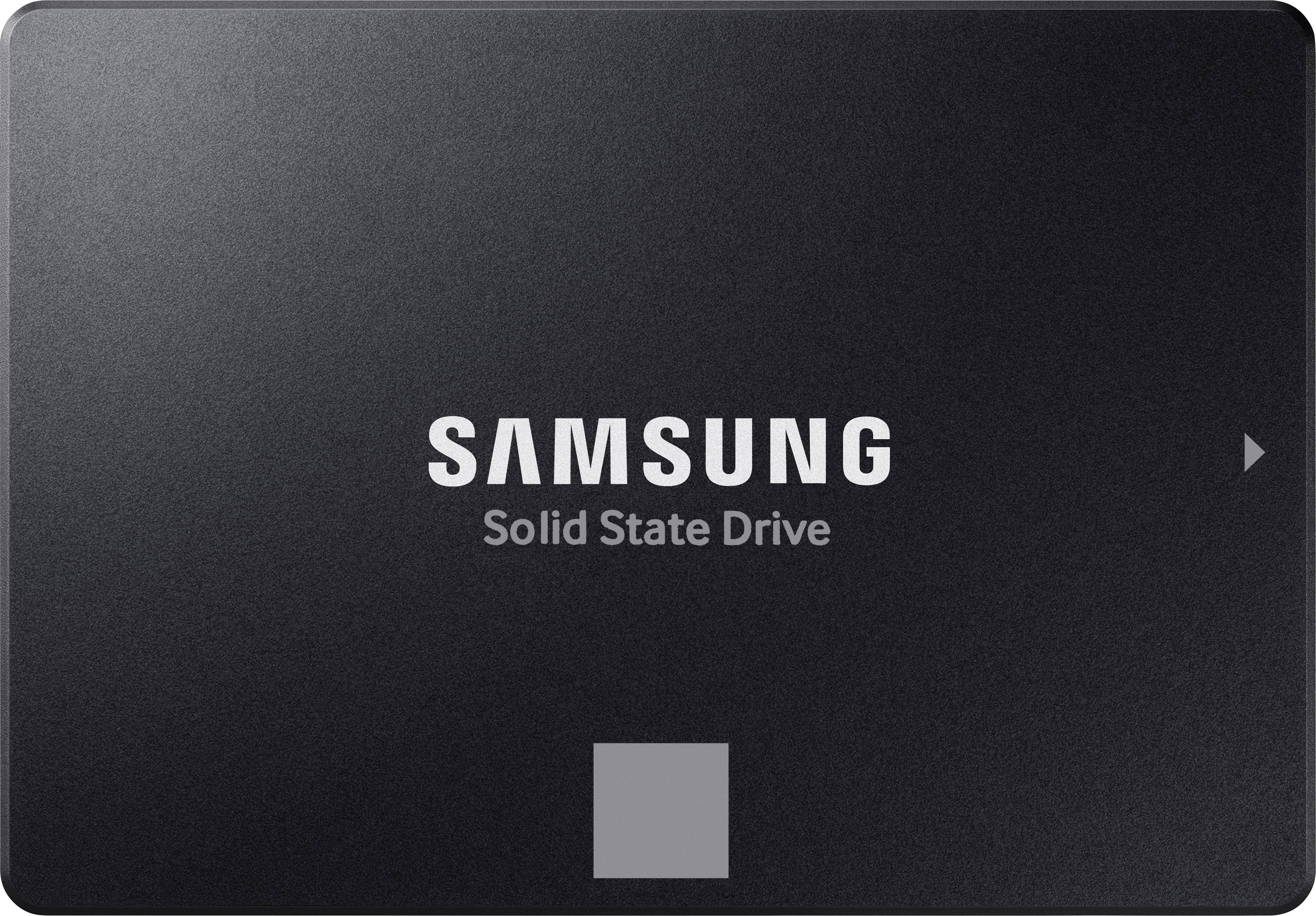 'Black Samsung Solid State Drive (SSD)' with distinctive logo in the centre, rectangular shape, minimal, modern design.