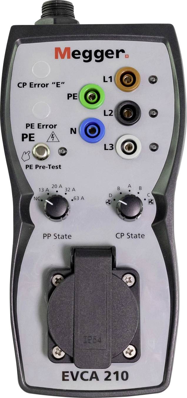 A measuring device with various ports and indicator lights for error detection and testing of electrical installations.