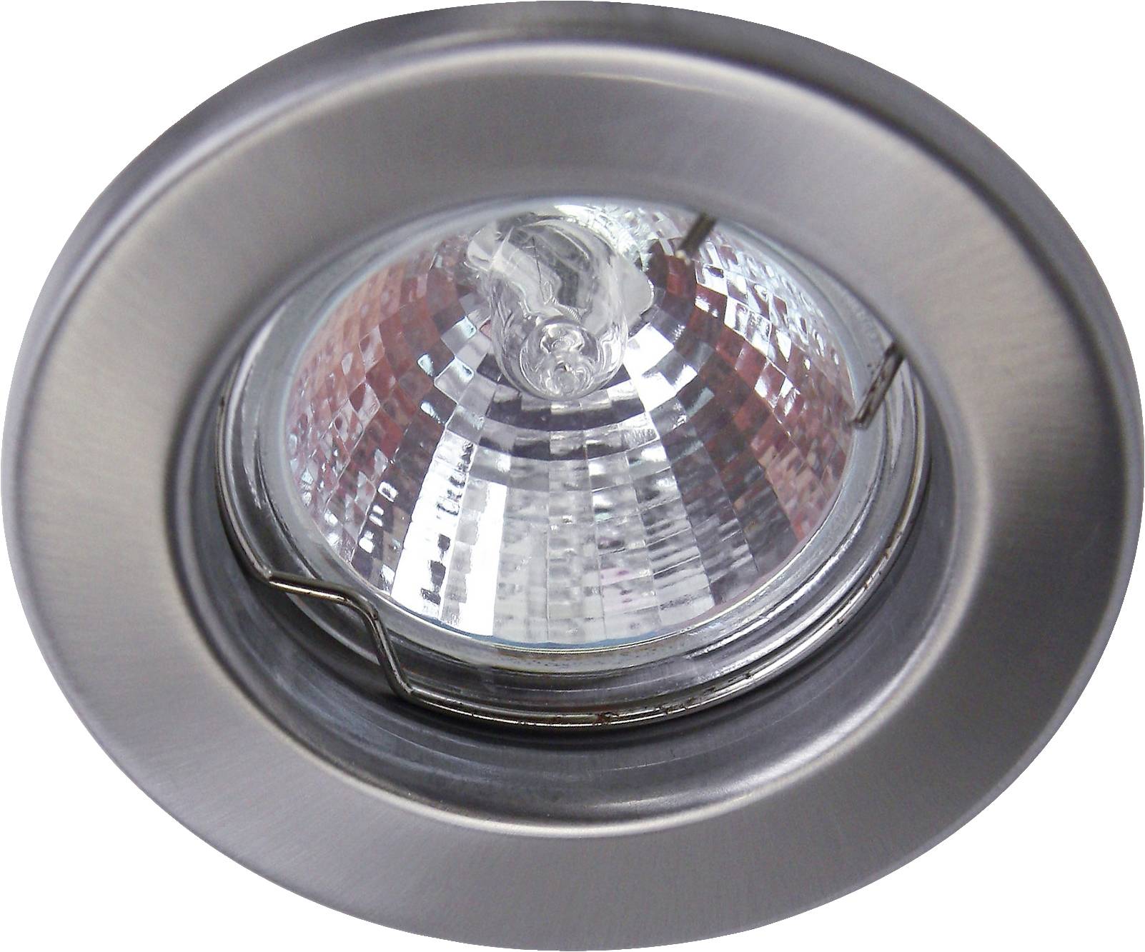 Recessed light fitting with a silver metal frame, circular in shape, revealing the visible light bulb within.