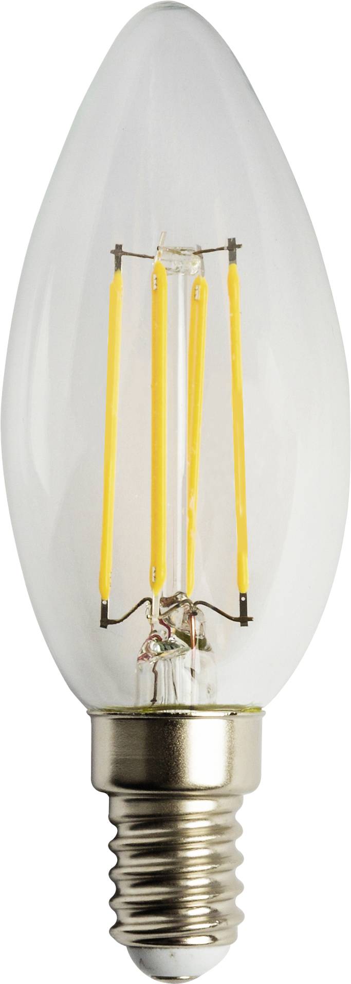 A clear candle-shaped light bulb with visible LED filament and screw base, symbolising efficiency and modern design.