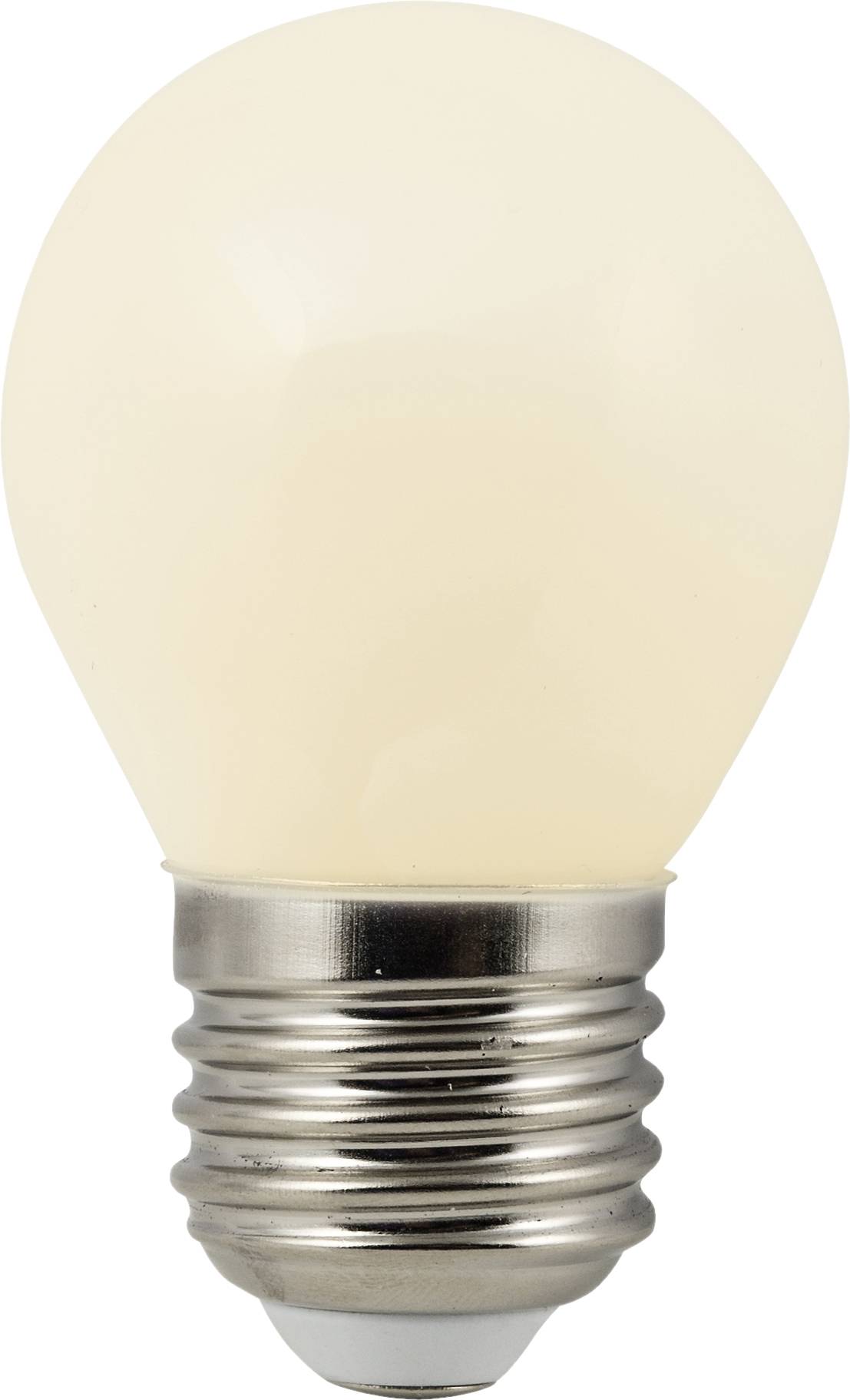 Light bulb with metal fitting, bright glass, standing upright, against a white background.