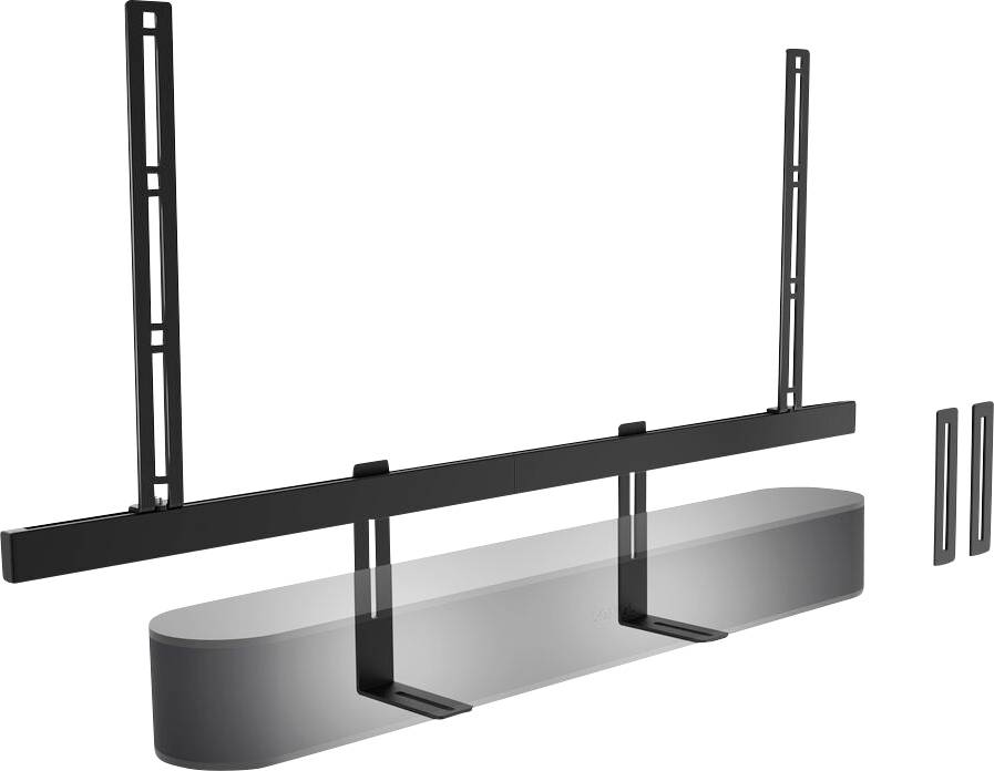 Metal mounting bracket for a soundbar, with adjustable vertical rails for wall mounting and stabilising foot supports at the bottom.
