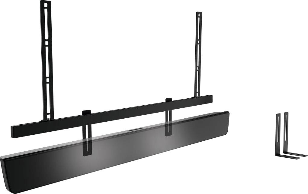 Soundbar wall mount, showing metal brackets and accessories for vertical and horizontal installation.
