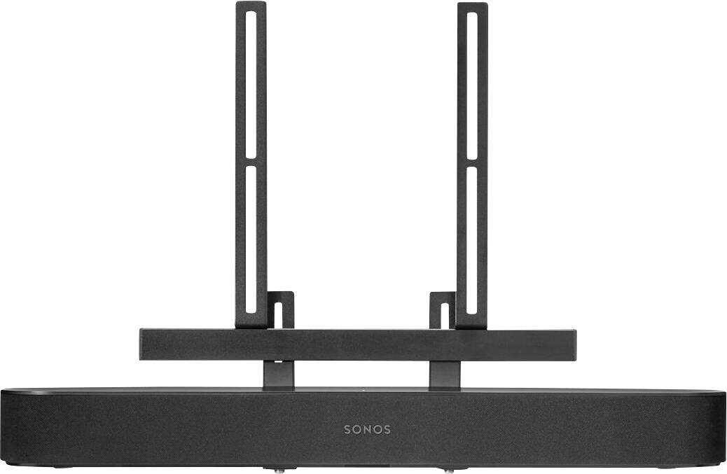 A black soundbar with two vertical mounting brackets, marked with 'Sonos' on the front.