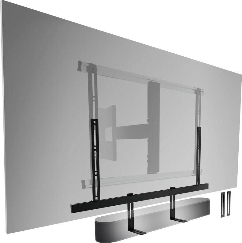 Wall mount for television with soundbar bracket, showing the back of a television with mounted rails and mounting elements.