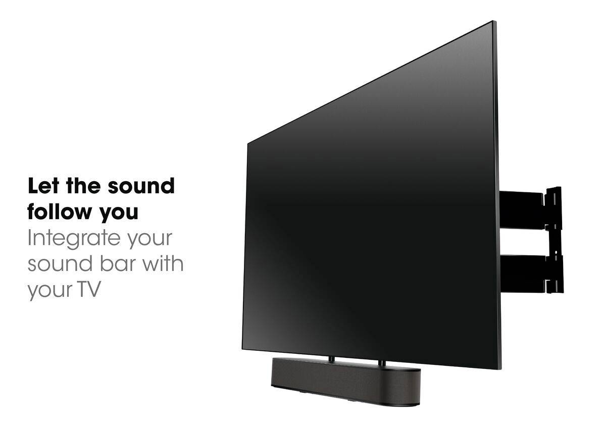 A flat-screen television mounted on the wall with a soundbar beneath it. Text: 'Let the sound follow you. Integrate your soundbar with your TV.'