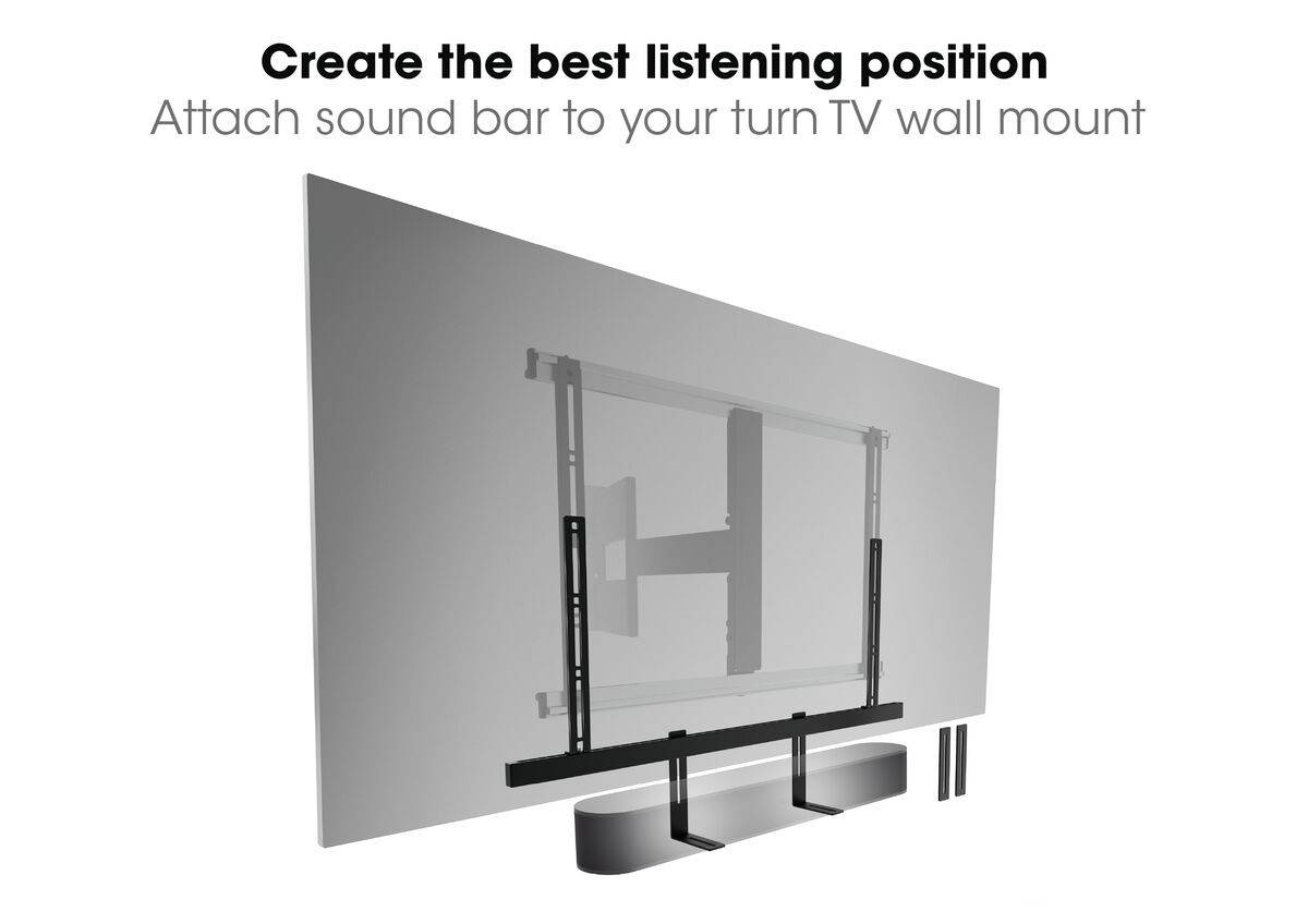 'Create the optimal listening position. Attach sound bar to your TV wall mount.' A TV is mounted on a wall bracket that integrates a soundbar.