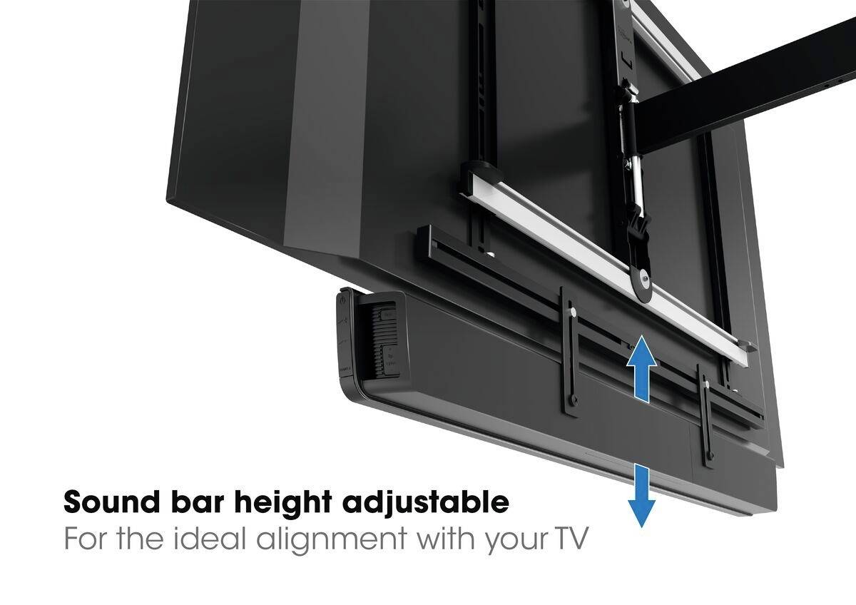 'Sound bar height-adjustable. For the ideal alignment with your television.' Black soundbar mounted on a TV bracket.