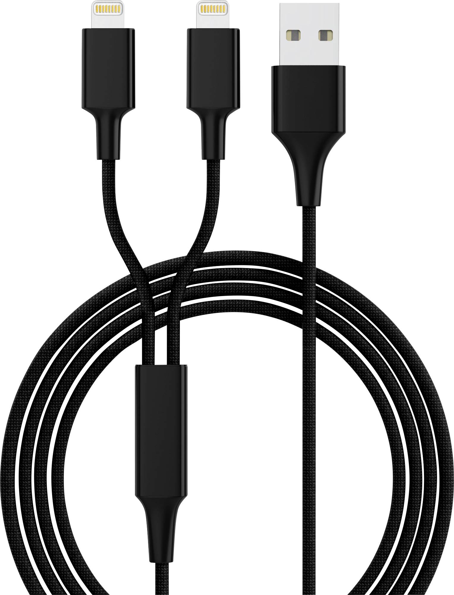 A black USB charging cable with three connectors: two small and one large. The cable is shown wound multiple times.