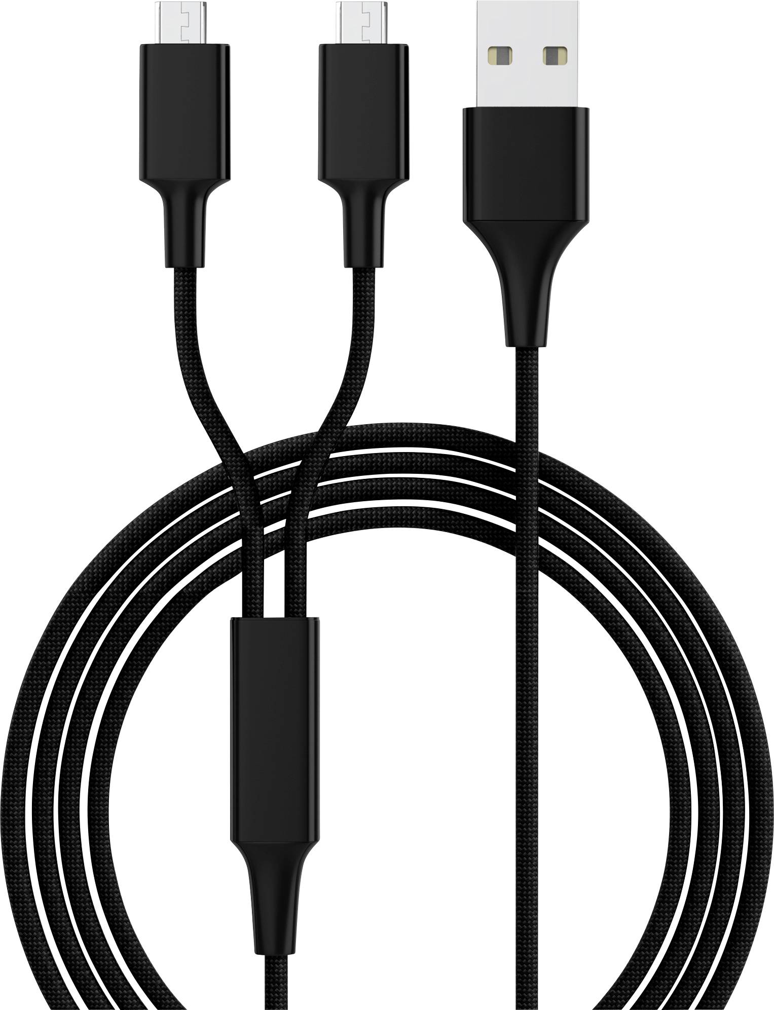 Black USB cable with two connections. One plug has a USB-A connection, the other two are Micro-USB plugs.