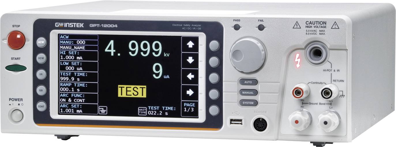 Electronic testing device with digital display showing '4.999 kV' and 'TEST'. Control elements and connections on the right.