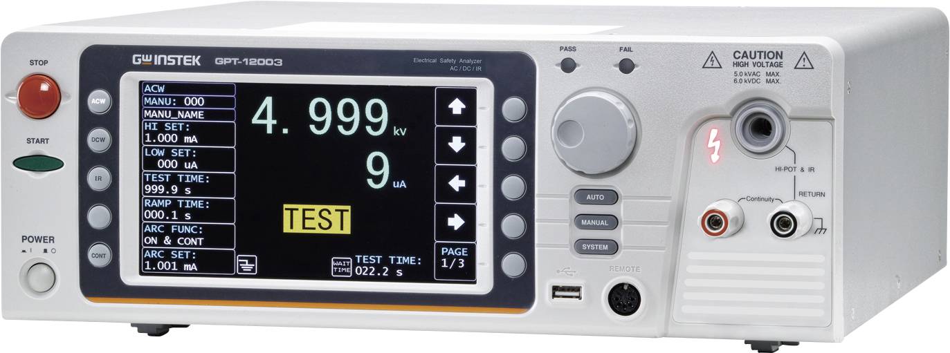 Photo of an electronic test device with screen, displaying 4,999 kV voltage. Marked with 