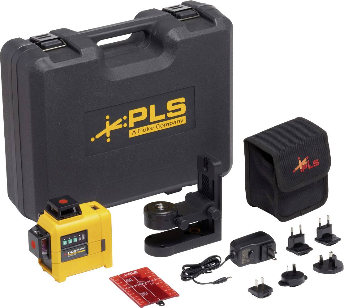 A PLS levelling instrument with accessories: hard-shell case, mounting brackets, charger with plug adapters and carry bag.