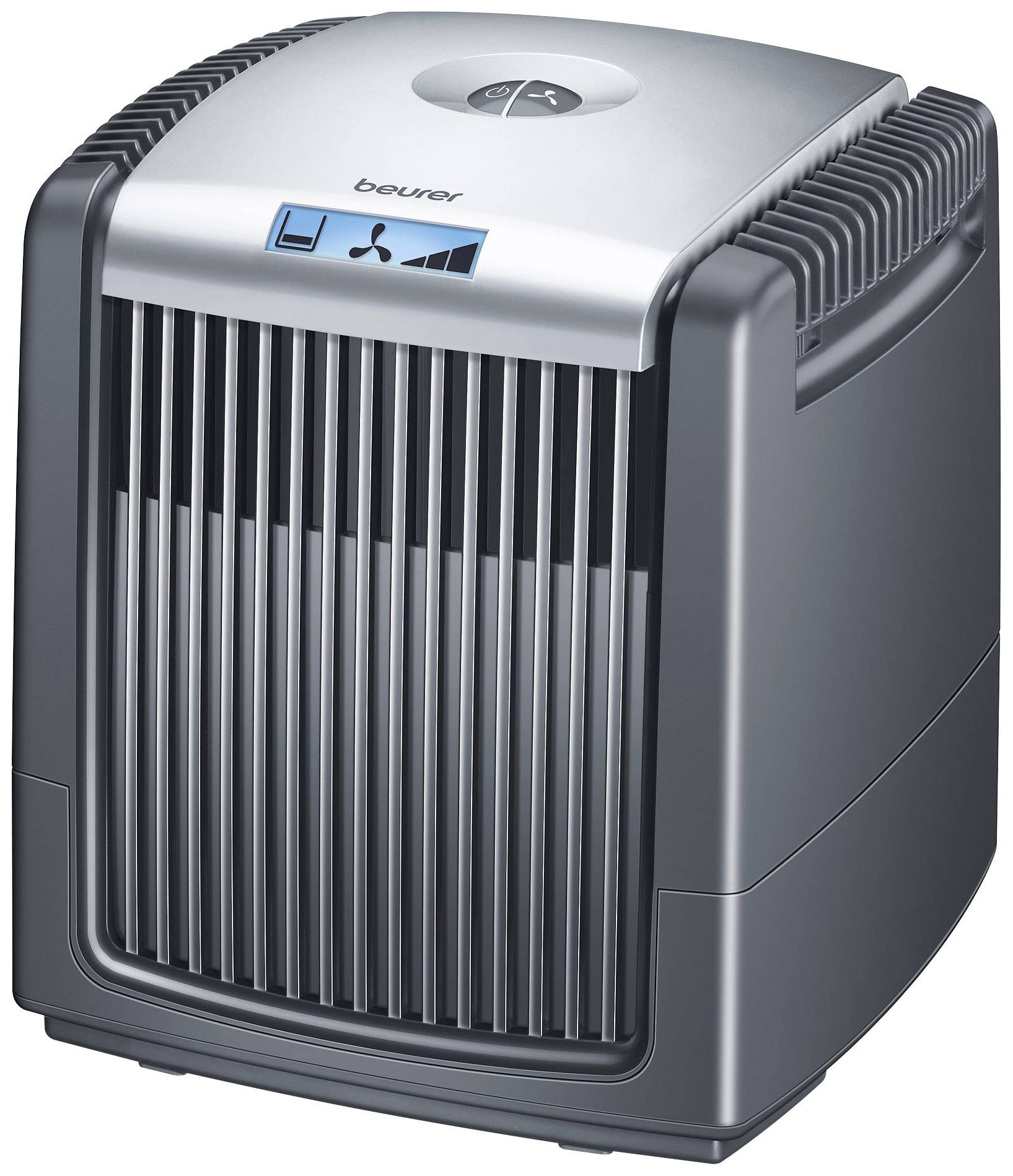 An air purifier in a modern design, silver and grey. It features side ventilation slots and a digital control panel on top.
