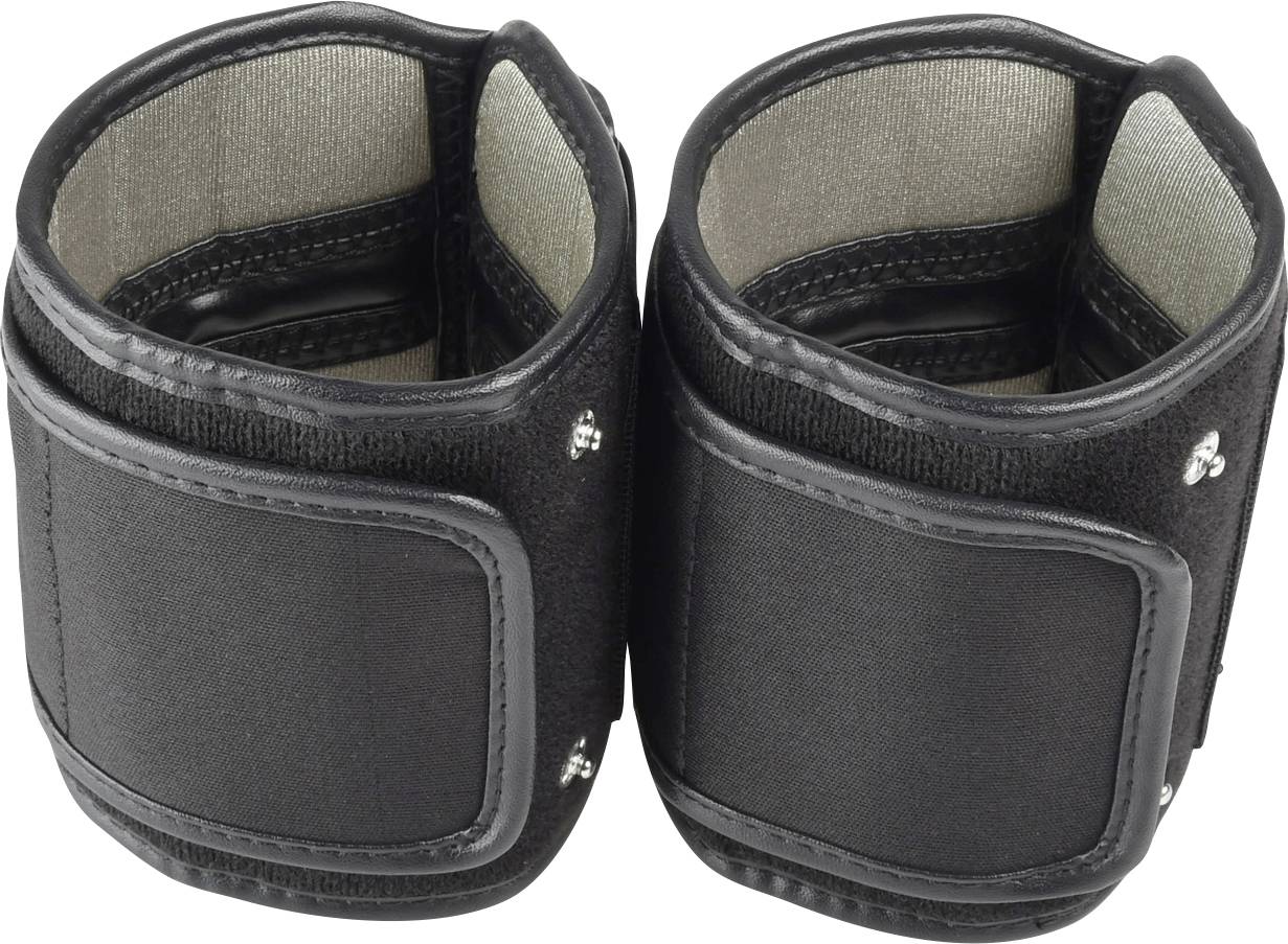Two black, padded fabric and faux leather wristbands with hook and loop fastening, likely used for fitness or support purposes.