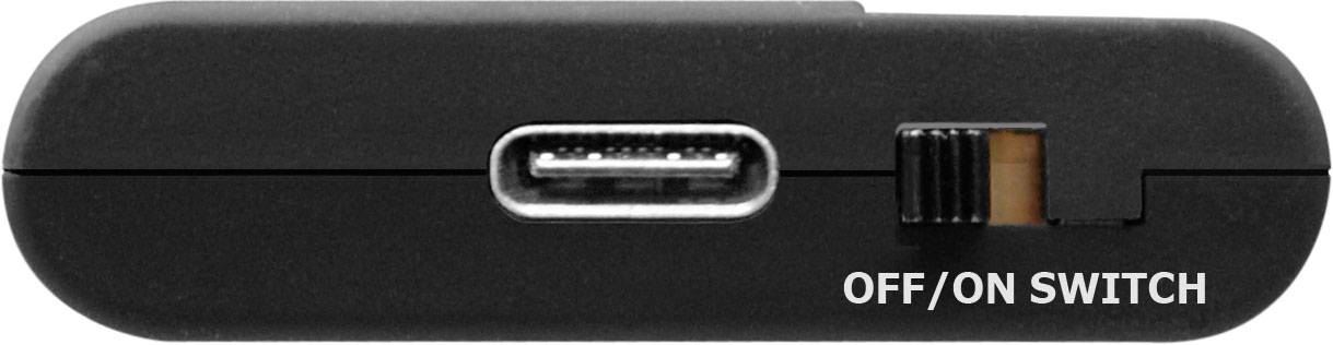 A portable, black device with a USB-C port and a switch marked with 'OFF/ON SWITCH'.