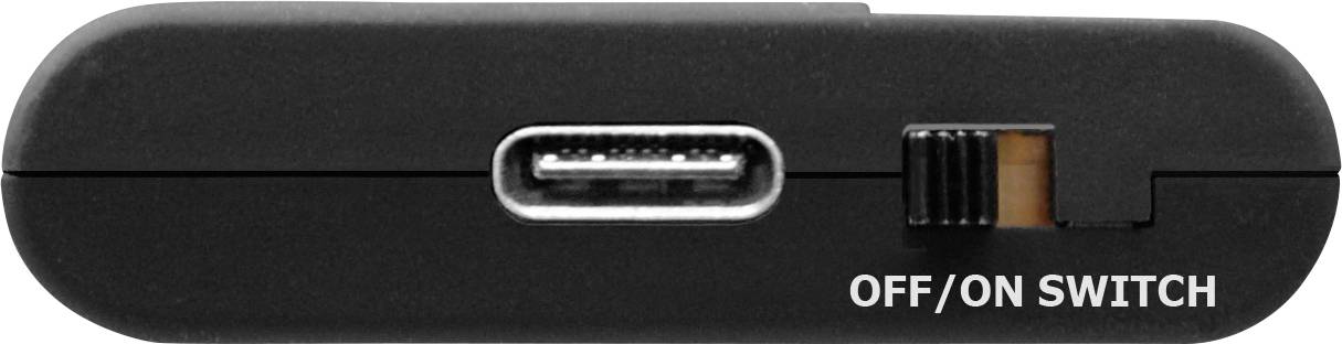 A black device with a USB-C port in the centre and a switch on the right side, labelled 'OFF/ON SWITCH'.