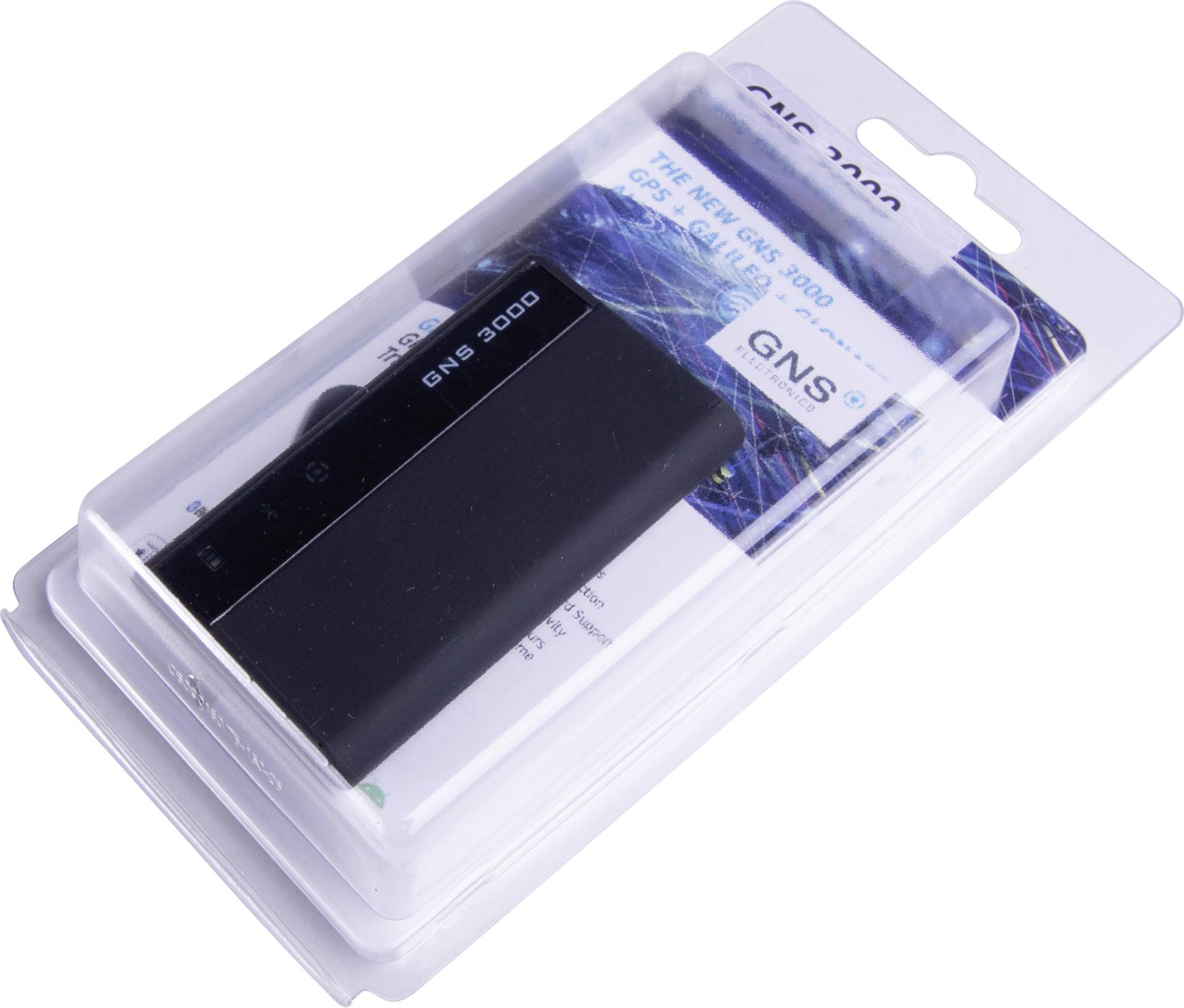 Packaging of a GNS 3000 GPS receiver with a black device in a plastic casing and an information card visible in the background.
