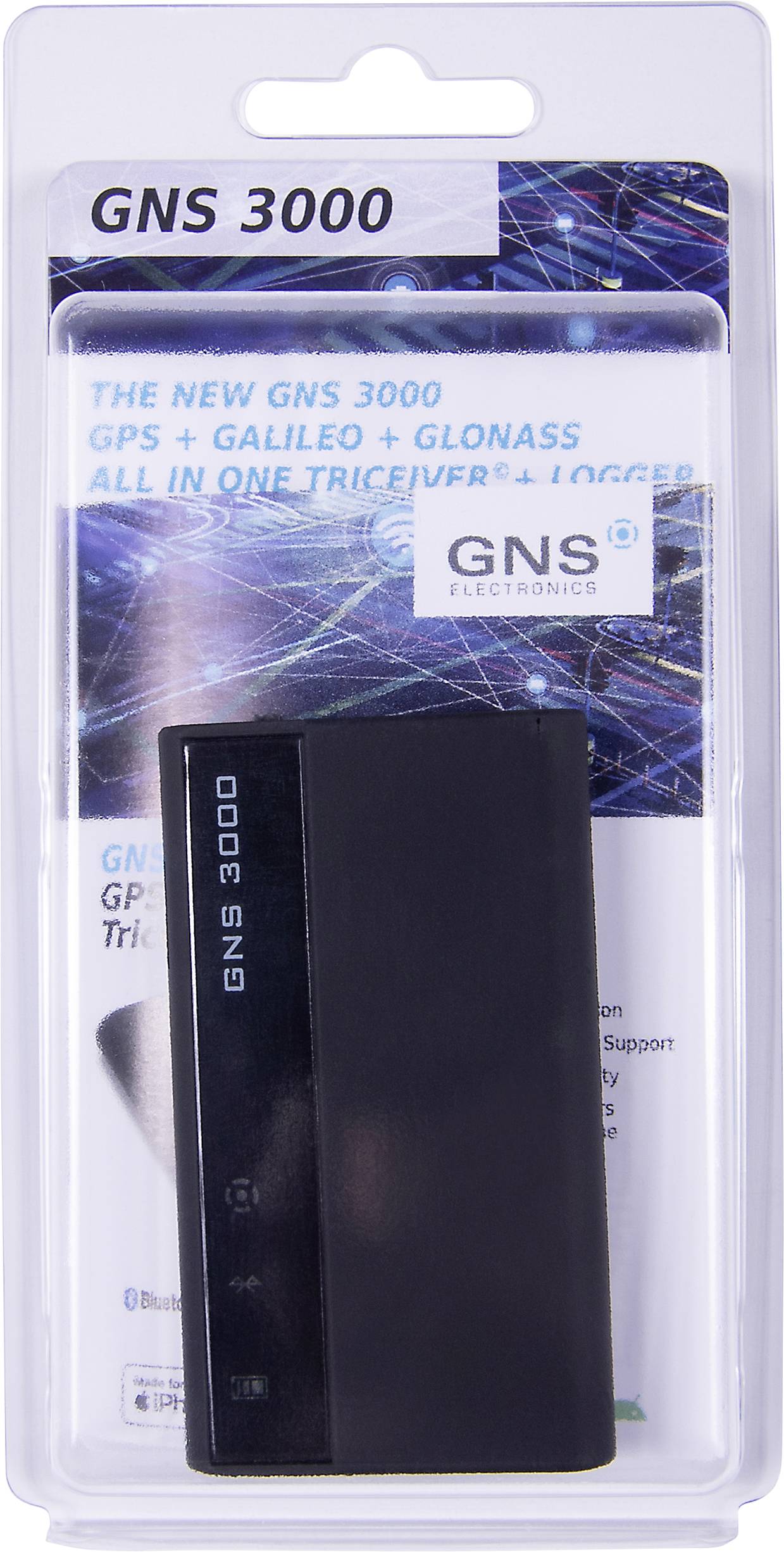 'GNS 3000' GPS Logger in packaging, advertised with GPS, Galileo, Glonass. Product name and functions visible on the front.