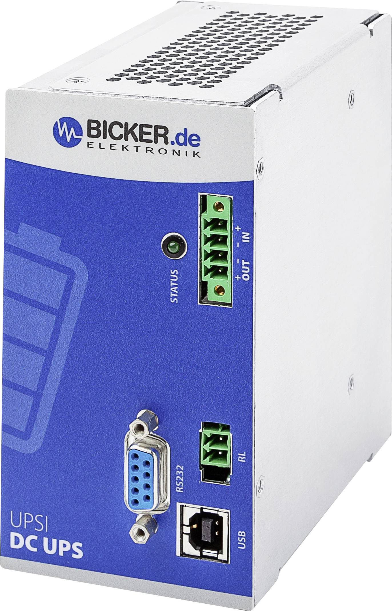 Blue and silver uninterruptible power supply (DC UPS) from Bicker.de with connections and status indicator.